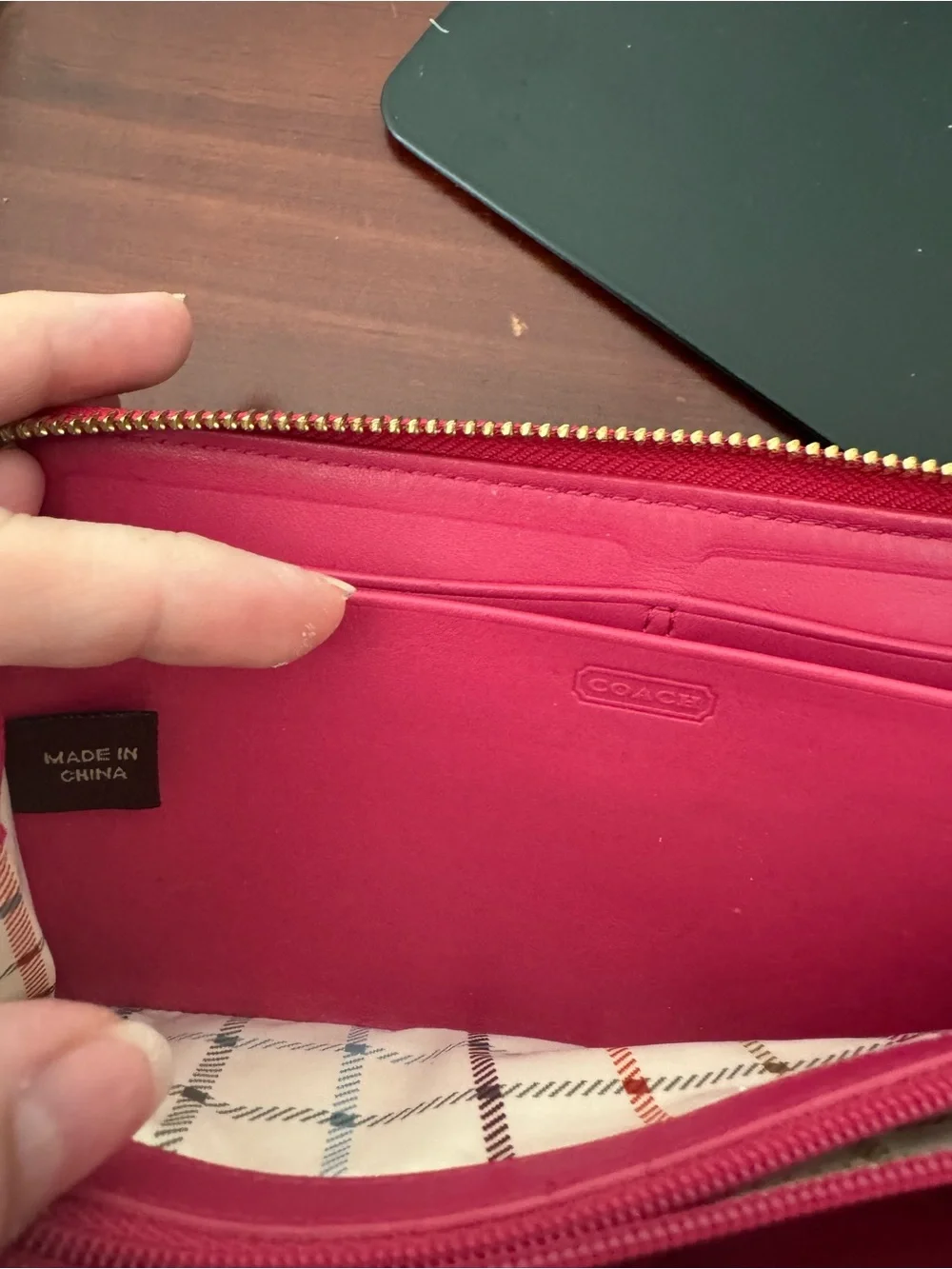Coach Signature Zip Wallet in Brown with Pink Center Stripe and Red Trim